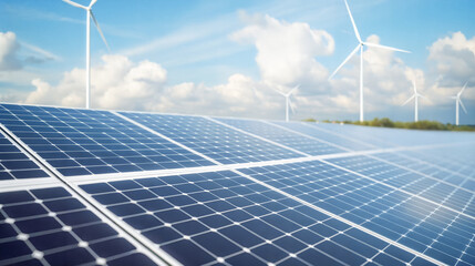Solar panels and wind turbines against a clear sky. Renewable energy background with copy space.