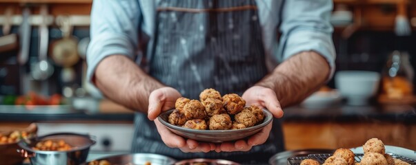 Chef Presenting a Plate of Delicious Homemade Meatballs in a Rustic Kitchen Setting, A Portrait of Culinary Hospitality