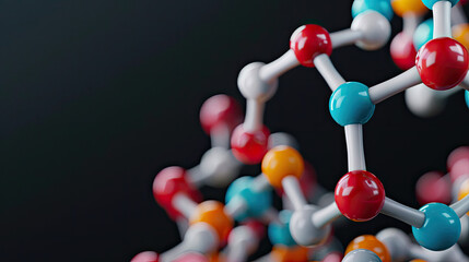 Abstract molecular structure with colorful atoms on a dark background, representing science and innovation in chemistry.