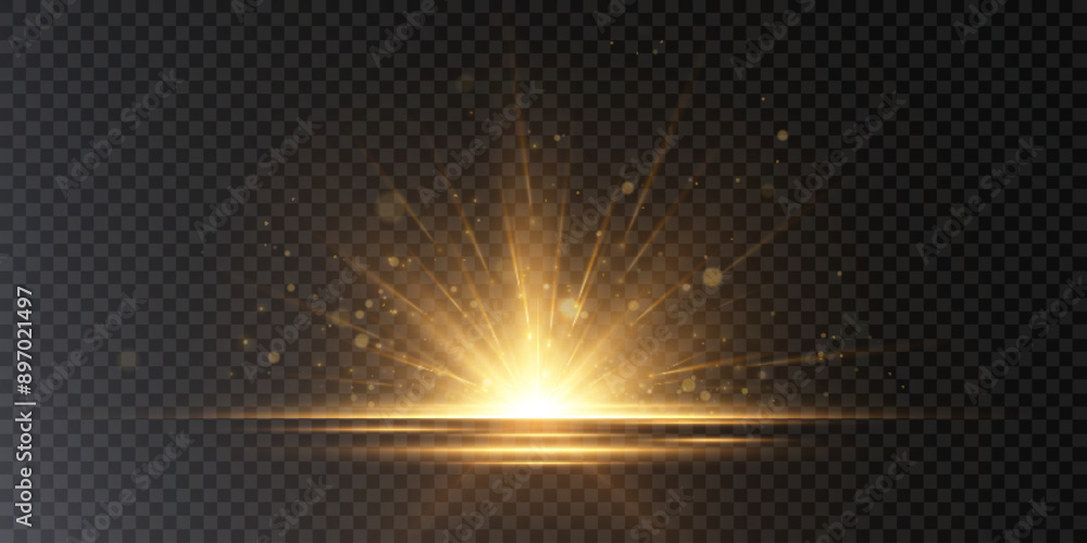 Fototapete Abstract bright light of the sun explodes with a bright glow in a horizontal projection. A flash of bright golden light on a transparent background.