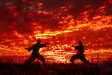Obraz premium Two Silhouettes Battle Amidst Fiery Sunset
