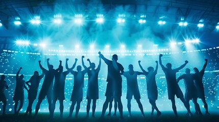 Silhouettes of Players Celebrating Victory in a Stadium