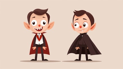 Cute Vampire Kids: A pair of adorable cartoon vampires, one in a classic red and black outfit, the other sporting a sleek black cape, perfect for Halloween greetings or spooky designs.  