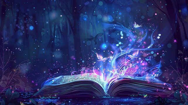 Illustrated background with open book and magical elements floating out