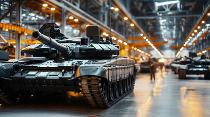 Modern armored tank in a large industrial facility with other tanks in the background, suggesting a military assembly line or maintenance area.