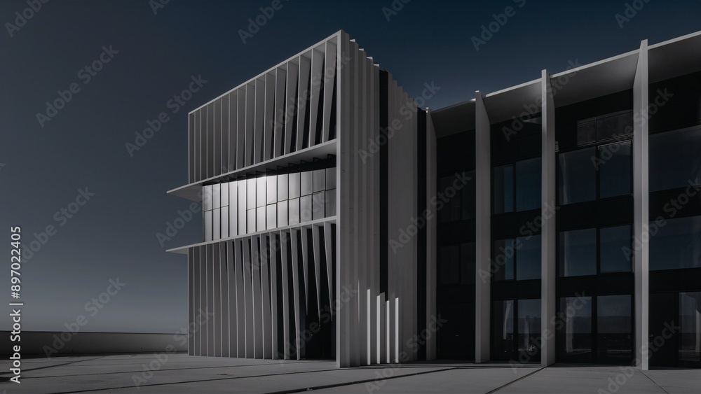 Poster modern architecture at dusk: sleek lines and glass define this contemporary building bathed in the c
