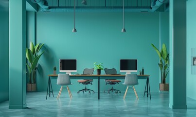 modern office space with blue walls, concrete floors, gray desks with computers, minimalistic design featuring green plants for color contrast and a teal wall creating