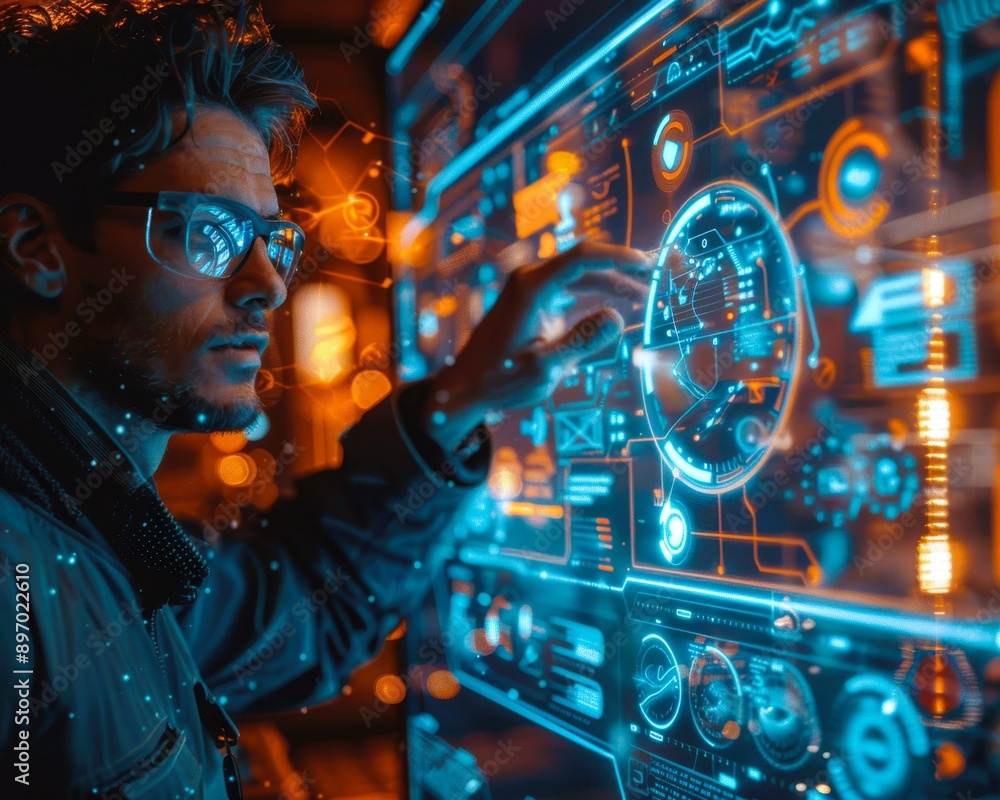 Poster a focused individual interacts with a futuristic touchscreen interface, showcasing advanced technolo