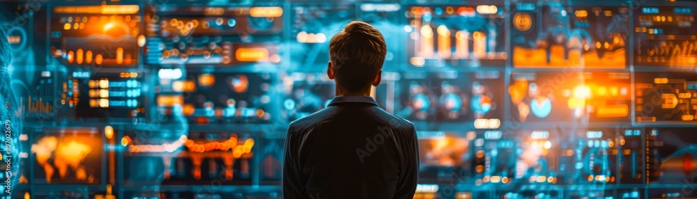 Poster a professional analyzing data on a digital display, surrounded by glowing graphics and complex infor