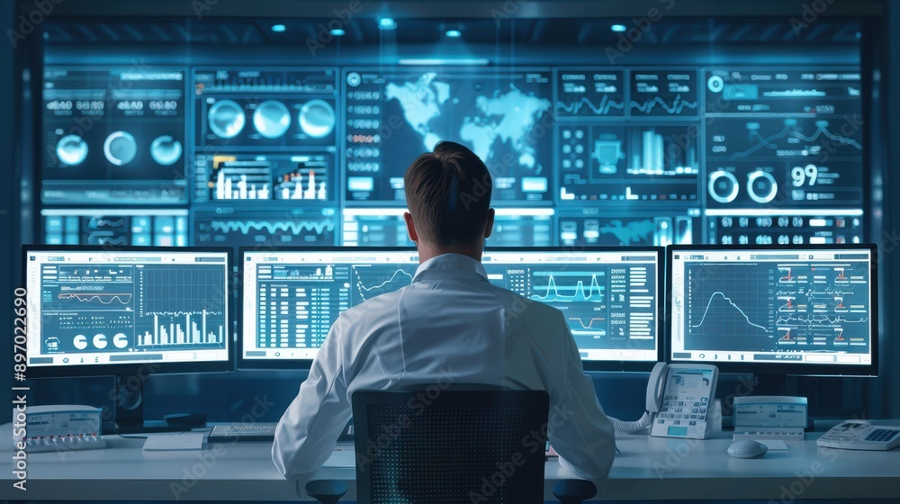 Poster a professional analyzing data on multiple computer screens filled with graphs and statistics in a mo