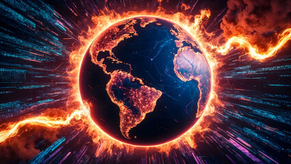 planet earth in flames represents global warming