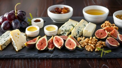 Gourmet Cheese and Fruit Platter with Fresh Figs, Grapes, and Nuts, Perfect for Elegant Catering and Fine Dining