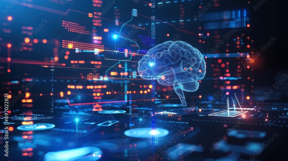 Poster futuristic digital brain illustration with glowing circuits and data patterns representing artificia