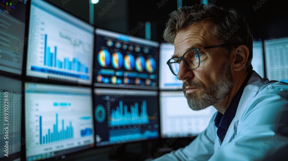 Poster focused scientist analyzing data on multiple screens in a modern lab environment, representing techn