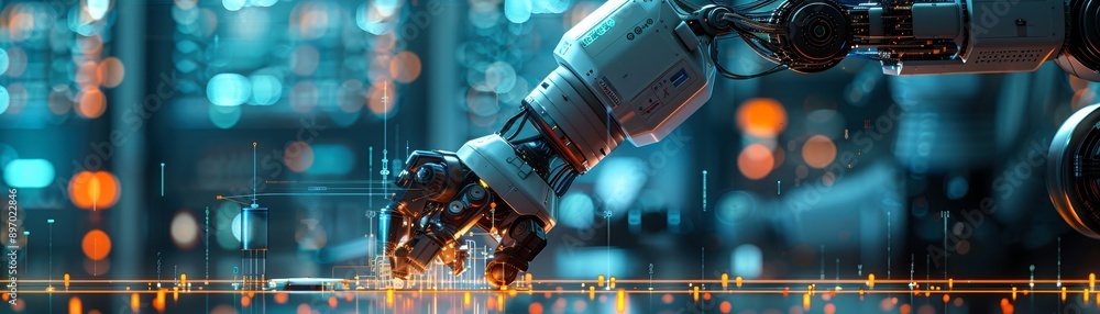 Poster futuristic robotic arm interacting with a digital interface in a high-tech environment, showcasing a
