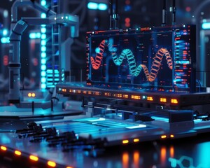 Futuristic laboratory with advanced technology displaying DNA sequences on a digital screen, illuminated by vibrant blue lights.