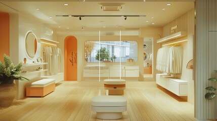 Naklejka premium Modern interior of a bright and airy clothing store featuring minimalistic design and warm color accents.