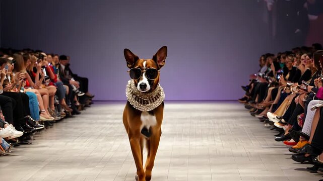 Dog walking on a fashion runway with audience, stylish and unique event