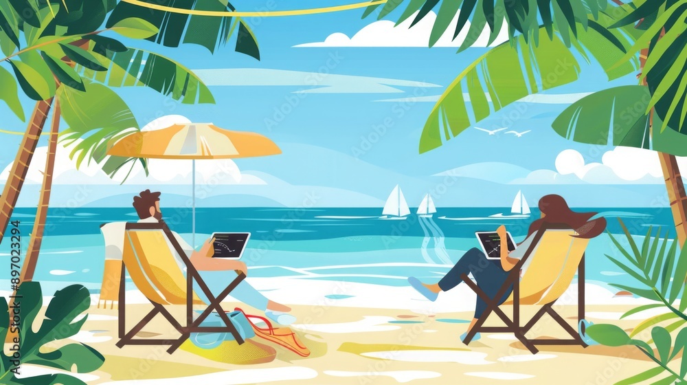Poster two people sit in beach chairs under palm trees, working on their laptops, while enjoying the ocean 