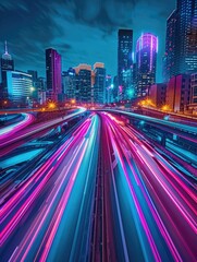 Urban scene with heavy traffic and bright lights at night