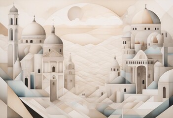Artistic depiction of a city with renaissance architectural elements combined with geometric shapes, creating a surreal landscape, Generative AI.