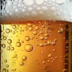 The image shows beer, in close-up, with half being bubbles and half being liquid, in a completely transparent large barrel. 