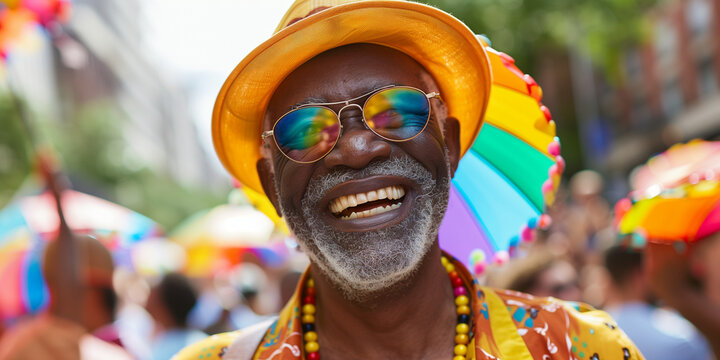 happy senior american gay man  with rainbow flags, candid LGBTQ+ 