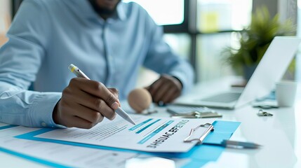 Employee reviewing insurance benefits package at a desk, benefits package, comprehensive and informative insurance details