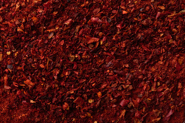 Red paprika powder texture. Background with copyspace. Top view
