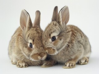 Fototapeta premium Two rabbits sitting side by side, possibly in a natural setting or home environment