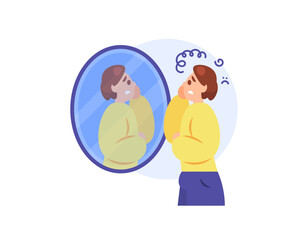 body dysmorphic disorder concept. excessive anxiety about weaknesses or deficiencies in physical appearance. illustration of a man looking in the mirror and feeling ugly. mental disorder. flat style