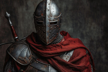 close-up portrait of medieval knight looking at camera very seriously in ancient times