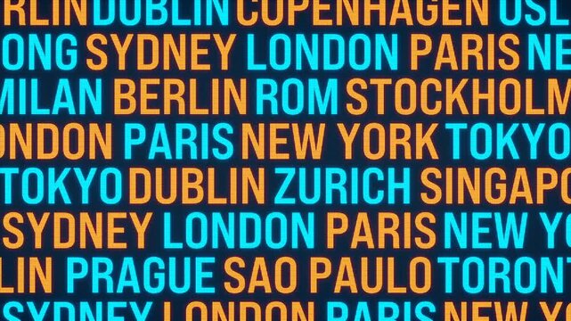 Random city names like Toky, Sydney, New York, Paris, Rom apears on the screen. Tourism, travel destination, vacation, journey, famous places.