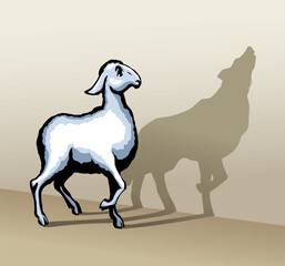 Vector drawing. Cute small sheep with shadow of wolf