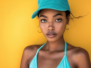 A woman wearing a blue top and green hat, possibly for a casual outing or outdoor event