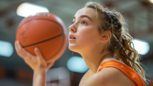 A Focused College Athlete Prepares to Shoot a Free Throw During a Basketball Game - Powered by Adobe