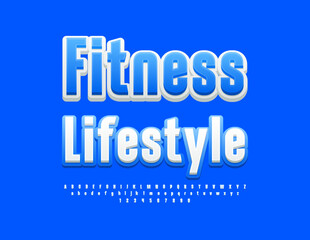 Vector bright logo Fitness Lifestyle. White and Blue Elegant Font. Artistic Alphabet Letters and Numbers set.
