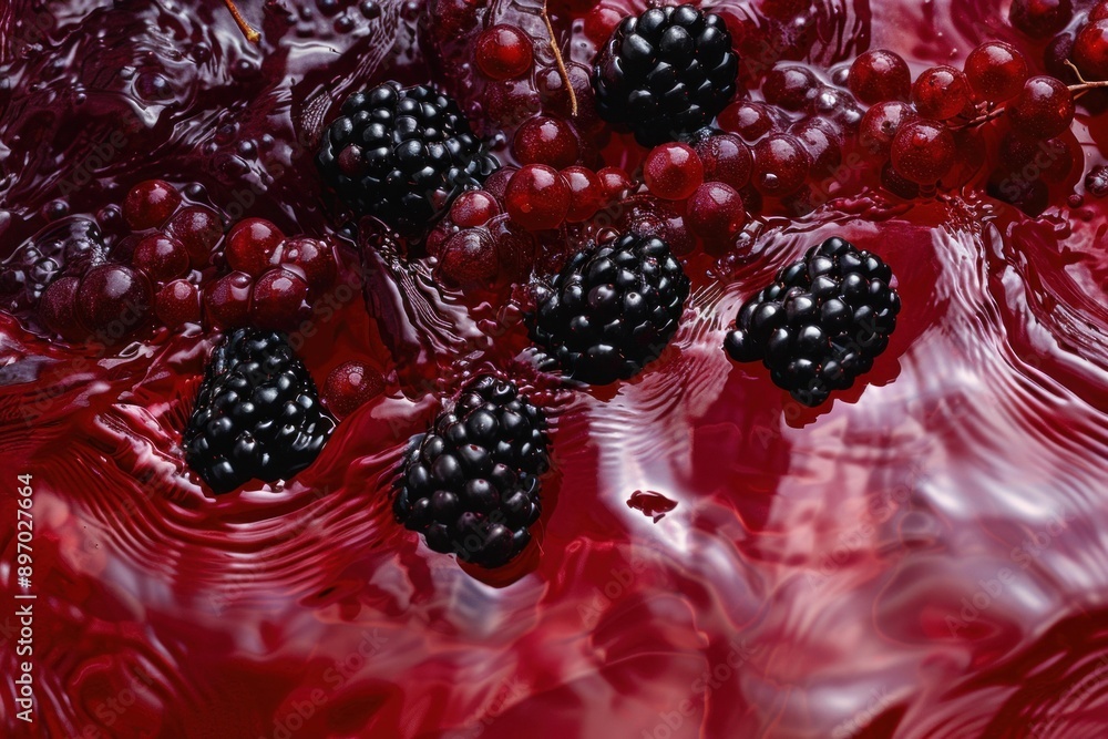 Poster blackberries and redcurrants floating on a red liquid surface, creating a vibrant and refreshing sce