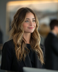 Fototapeta premium receptionist with blonde hair welcoming a visitor in a sleek modern office, showcasing professionalism and a warm smile
