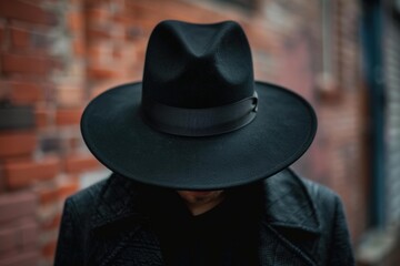 Man wearing a black coat and hat is standing in an urban alley with a brick wall