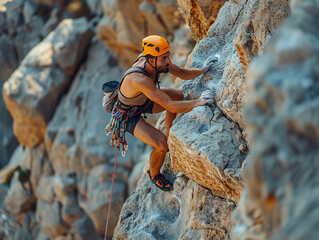 Male Rock Climber Ascendng a Steep Cliff Face