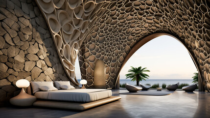 Futuristic interior design of modern bedroom with sea view