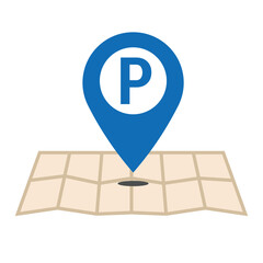 Blue parking location pin and a map isolated on white background. Flat design. Vector illustration, EPS10