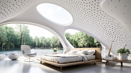 Futuristic interior design of modern bedroom with forest view