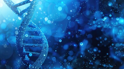 Spiral of blue DNA double helix with soft light bokeh and bubbles, creating a mesmerizing and elegant blue background for scientific themes.