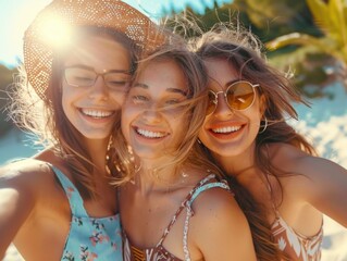 Fototapeta premium Three women posing for a photo shoot on a sunny day at the beach