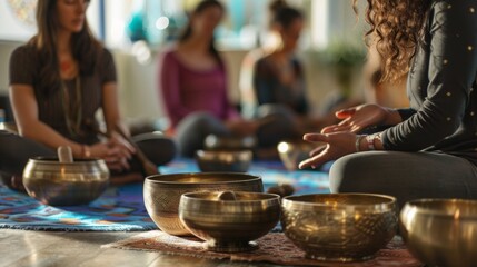 A group of women sit in a circle, meditating and playing singing bowls.