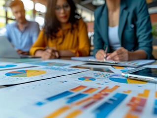 Fototapeta premium Business Team Reviewing Colorful Charts and Graphs During a Meeting