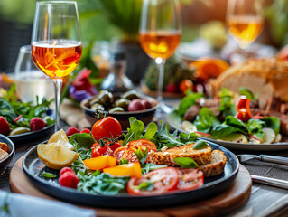 Summer Salad With Toasted Bread and Wine on a Tabletop