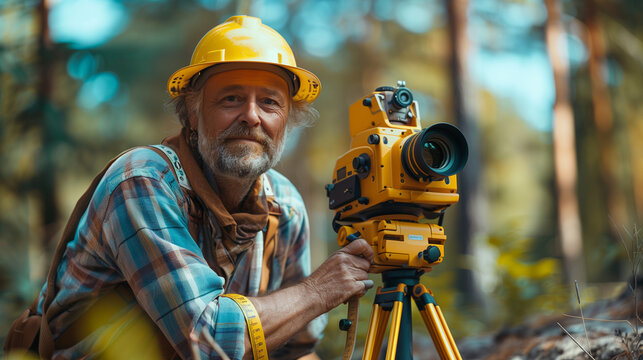experienced surveyor with grey hair measuring land in a forested area, using advanced equipment and wearing a yellow hard hat